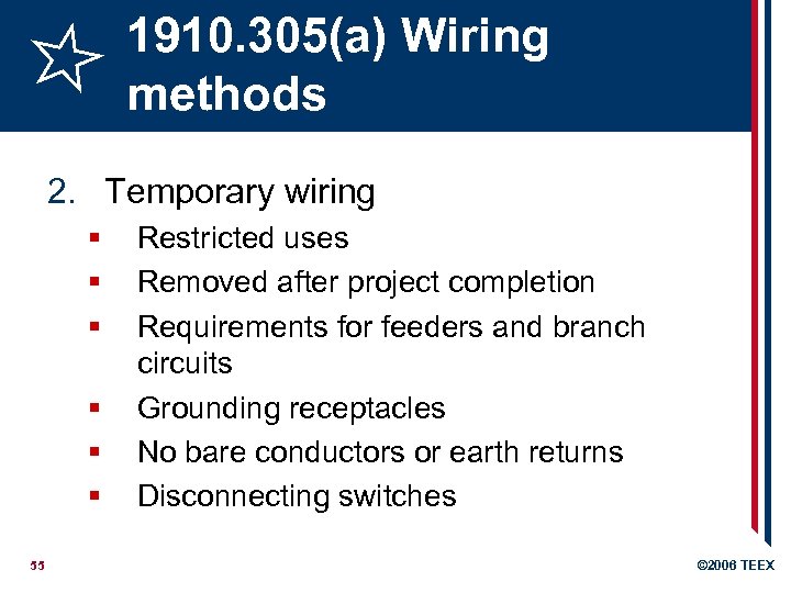 1910. 305(a) Wiring methods 2. Temporary wiring § § § 55 Restricted uses Removed