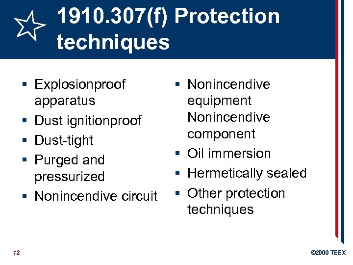1910. 307(f) Protection techniques § Explosionproof apparatus § Dust ignitionproof § Dust-tight § Purged