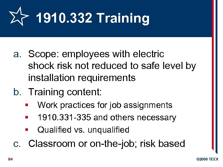 1910. 332 Training a. Scope: employees with electric shock risk not reduced to safe