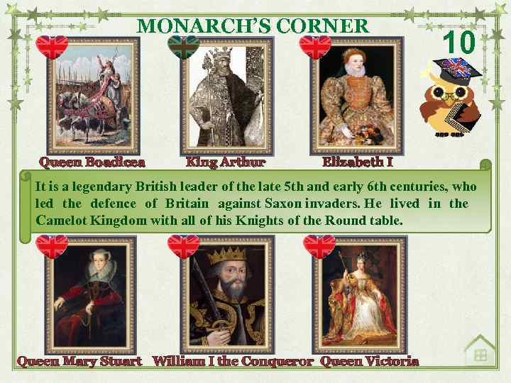 MONARCH’S CORNER Queen Boadicea King Arthur 10 Elizabeth I It is a legendary British