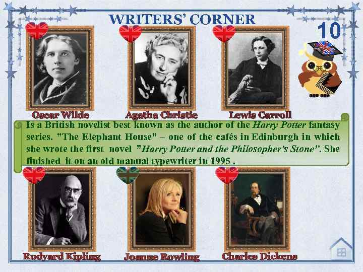 WRITERS’ CORNER Oscar Wilde Agatha Christie Lewis Carroll Rudyard Kipling Joanne Rowling Charles Dickens