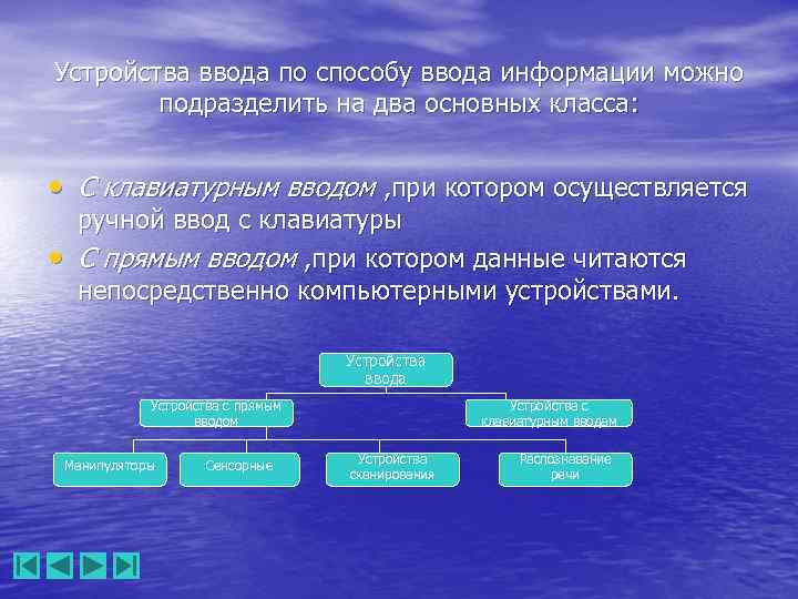 Устройства ввода по способу ввода информации можно подразделить на два основных класса: • С