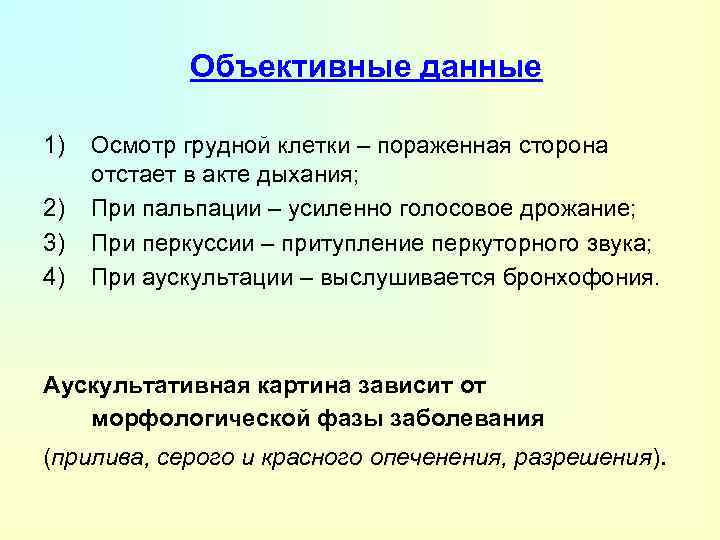 Объективные данные 1) 2) 3) 4) Осмотр грудной клетки – пораженная сторона отстает в