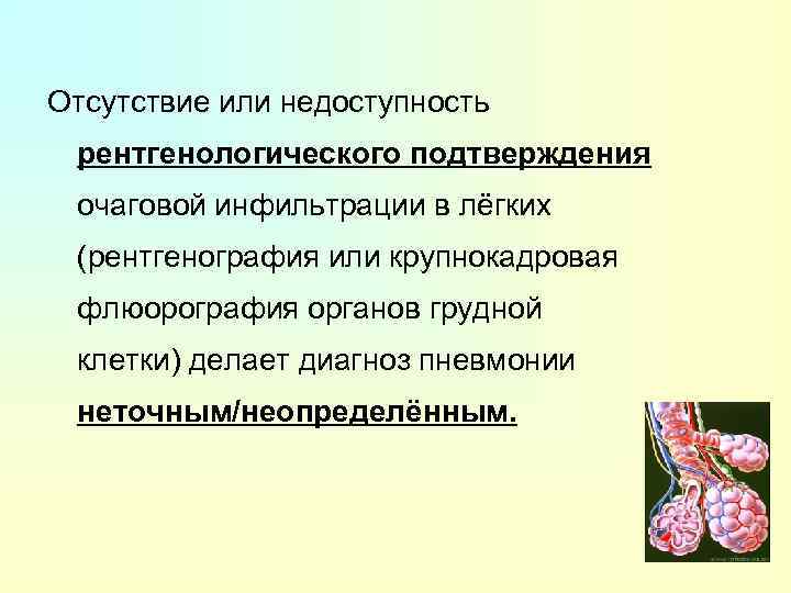 Отсутствие или недоступность рентгенологического подтверждения очаговой инфильтрации в лёгких (рентгенография или крупнокадровая флюорография органов