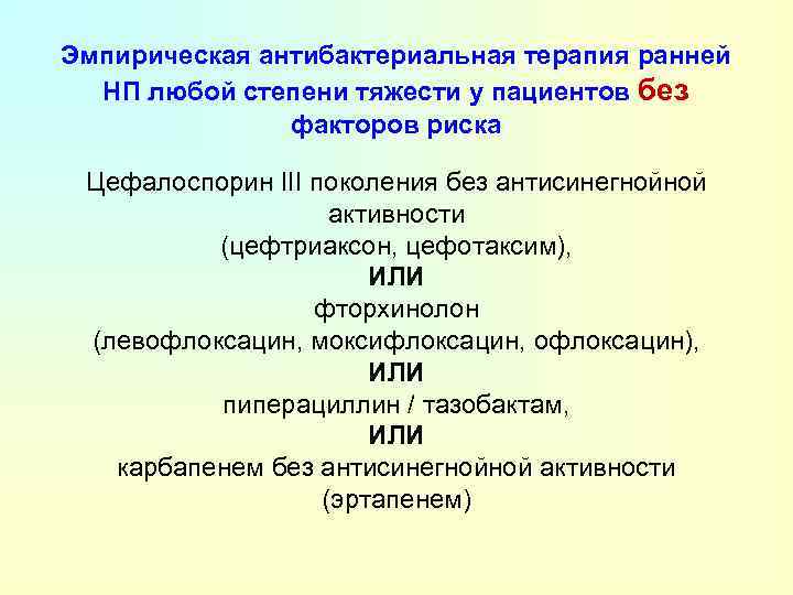 Эмпирическая антибактериальная терапия ранней НП любой степени тяжести у пациентов без факторов риска Цефалоспорин