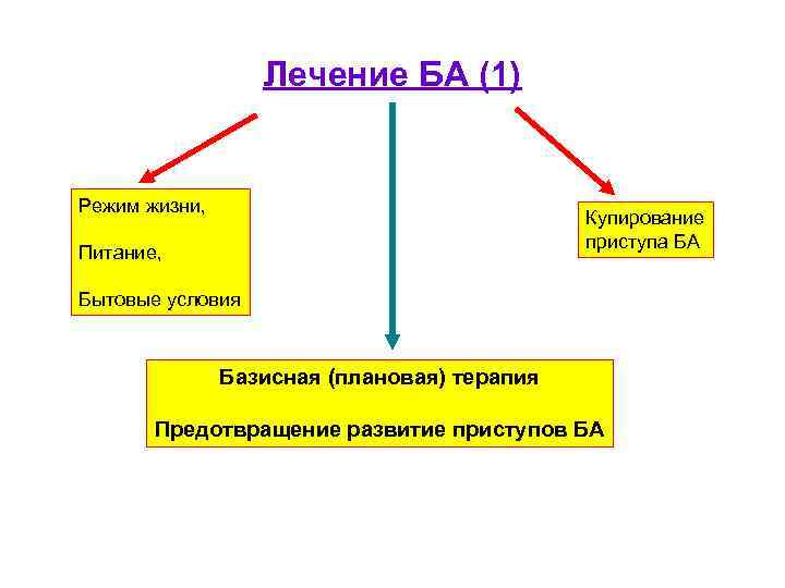 Лечение БА (1) Режим жизни, Купирование приступа БА Питание, Бытовые условия Базисная (плановая) терапия