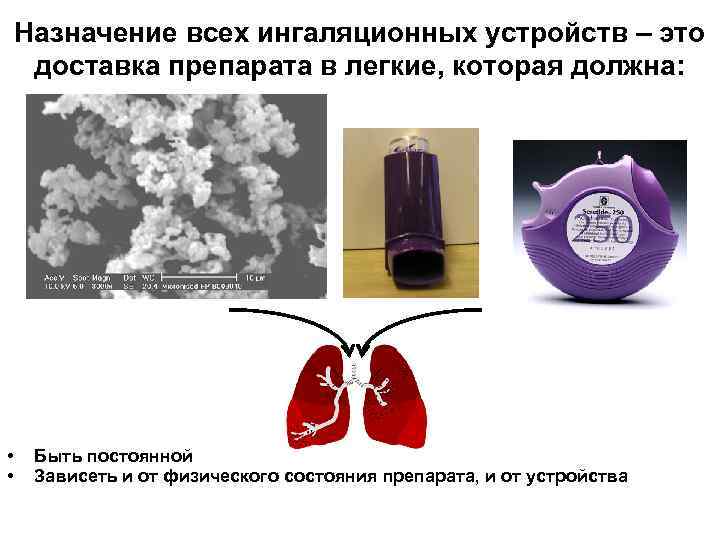 Назначение всех ингаляционных устройств – это доставка препарата в легкие, которая должна: • •