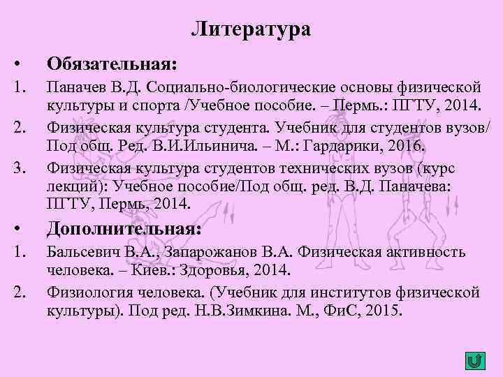 Литература • Обязательная: 1. Паначев В. Д. Социально-биологические основы физической культуры и спорта /Учебное