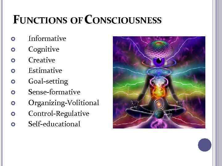 FUNCTIONS OF CONSCIOUSNESS Informative Cognitive Creative Estimative Goal-setting Sense-formative Organizing-Volitional Control-Regulative Self-educational 