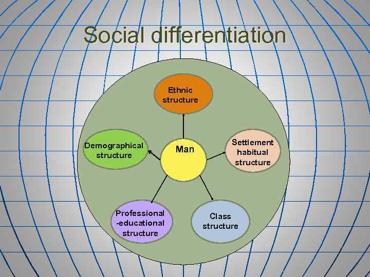 Social differentiation Ethnic structure Demographical structure Professional -educational structure Man Settlement habitual structure Class