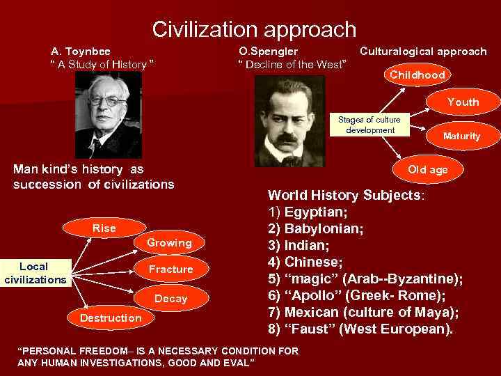 Civilization approach А. Тоynbee “ A Study of History ” O. Spengler “ Decline