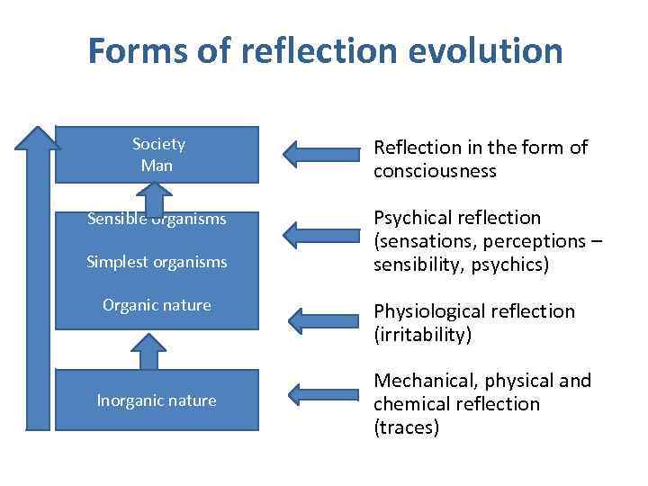 Forms of reflection evolution Society Man Sensible organisms Simplest organisms Organic nature Inorganic nature