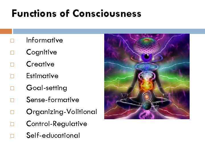 Functions of Consciousness Informative Cognitive Creative Estimative Goal-setting Sense-formative Organizing-Volitional Control-Regulative Self-educational 