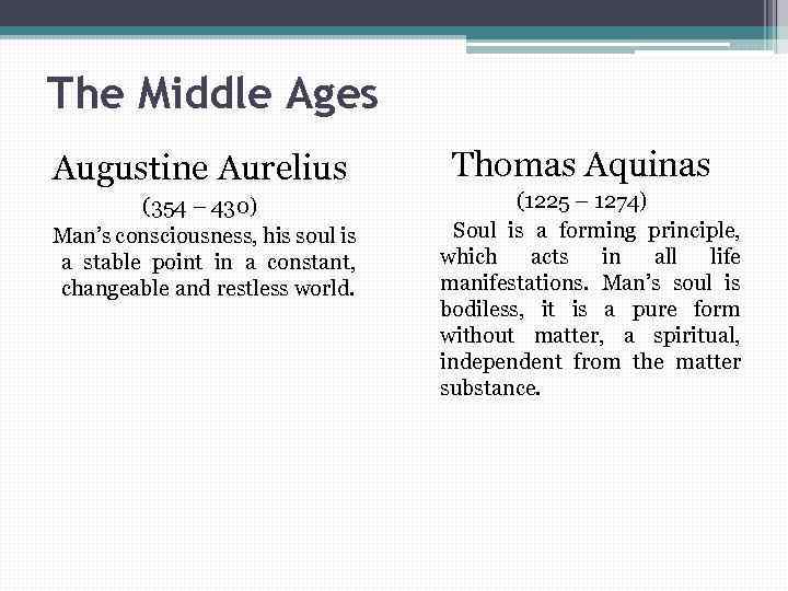 The Middle Ages Augustine Aurelius (354 – 430) Man’s consciousness, his soul is a