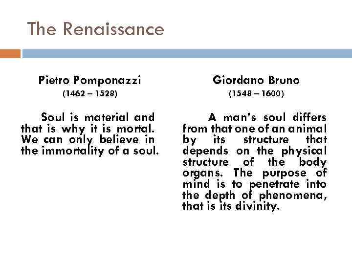 The Renaissance Pietro Pomponazzi Giordano Bruno (1462 – 1528) (1548 – 1600) Soul is