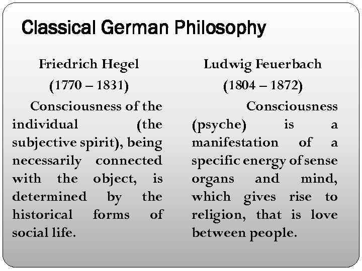 Classical German Philosophy Friedrich Hegel (1770 – 1831) Consciousness of the individual (the subjective