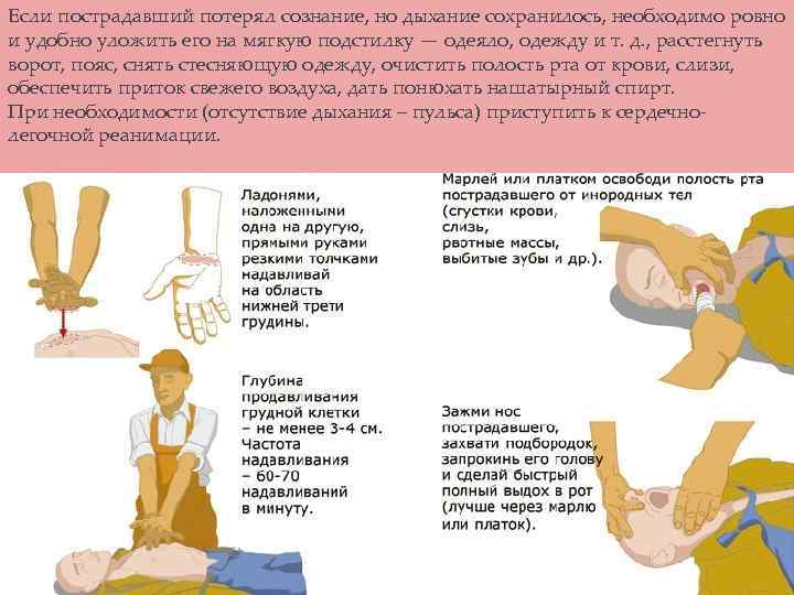 Если пострадавший потерял сознание, но дыхание сохранилось, необходимо ровно и удобно уложить его на