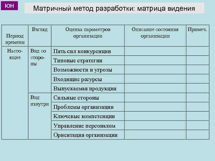 ЮН Матричный метод разработки: матрица видения Взгляд Период времени Настоящее Вид со стороны Оценка