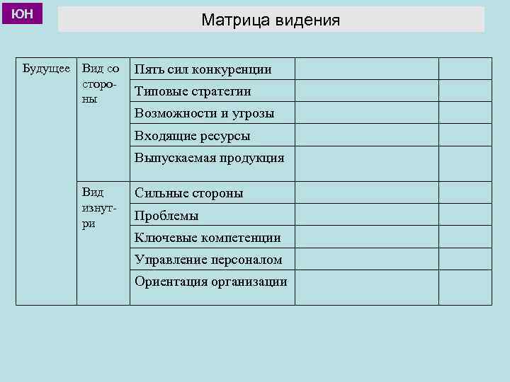 ЮН Матрица видения Будущее Вид со Пять сил конкуренции сторо. Типовые стратегии ны Возможности