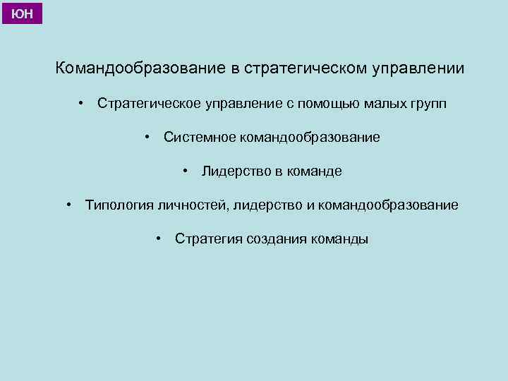 ЮН Командообразование в стратегическом управлении • Стратегическое управление с помощью малых групп • Системное