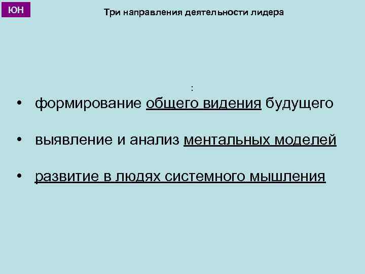 ЮН Три направления деятельности лидера : • формирование общего видения будущего • выявление и