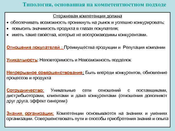 Типология, основанная на компетентностном подходе Стержневая компетенция должна обеспечивать возможность проникнуть на рынок и