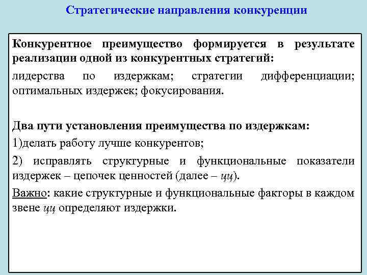 Стратегические направления конкуренции Конкурентное преимущество формируется в результате реализации одной из конкурентных стратегий: лидерства