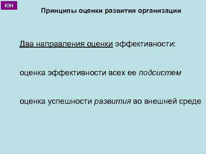 ЮН Принципы оценки развития организации Два направления оценки эффективности: оценка эффективности всех ее подсистем