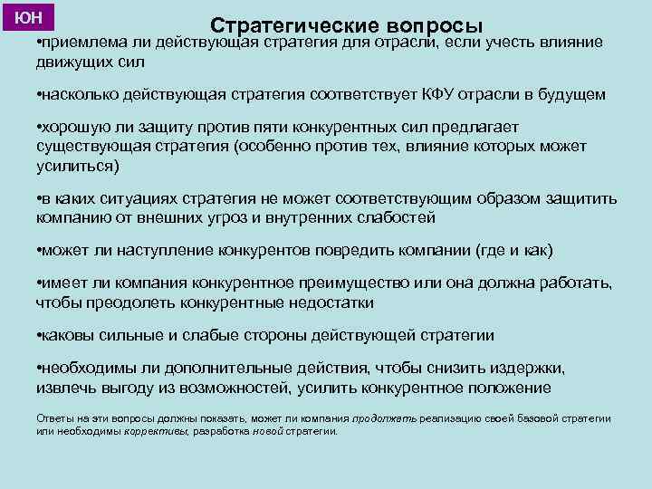 ЮН Стратегические вопросы • приемлема ли действующая стратегия для отрасли, если учесть влияние движущих