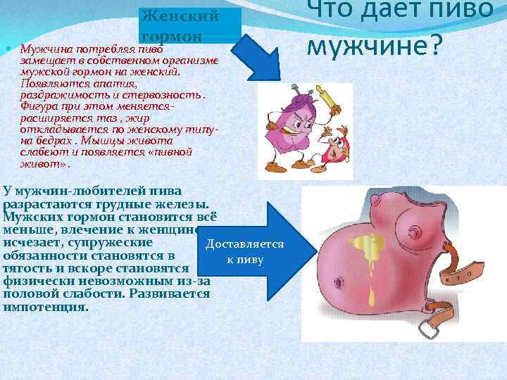 Женский гормон Мужчина потребляя пиво замещает в собственном организме мужской гормон на женский. Появляются
