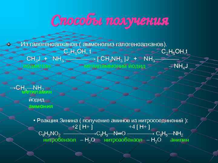 Способы получения Из галогеноалканов ( аммонолиз галогеноалканов). С 2 Н 5 OH, t С