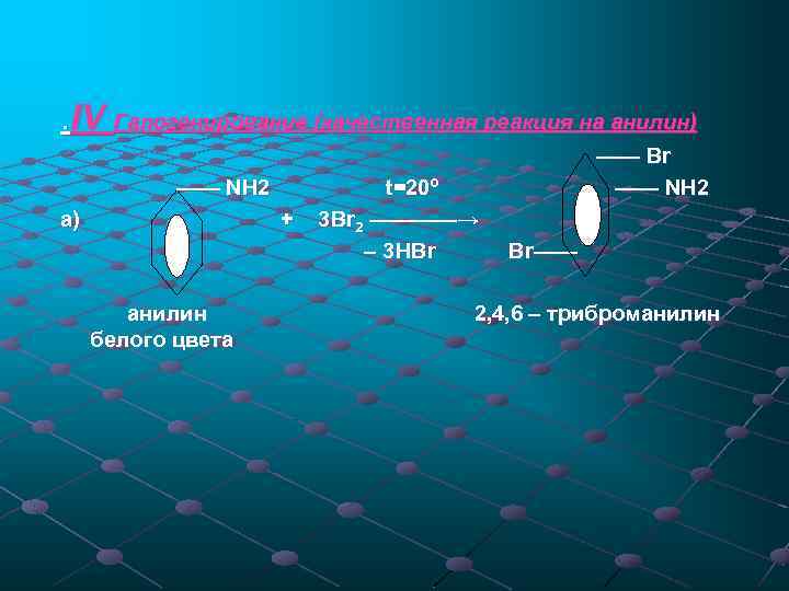 . IV Галогенирование (качественная реакция на анилин) —— NH 2 а) + анилин белого