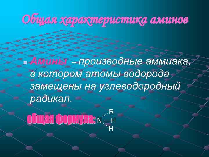 Общая характеристика аминов n Амины – производные аммиака, в котором атомы водорода замещены на