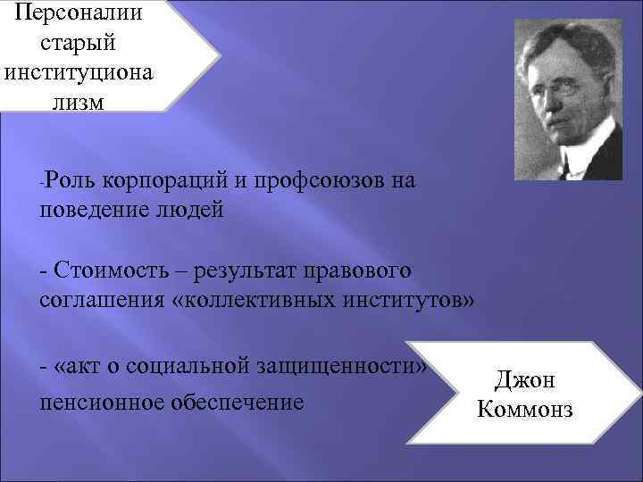 Персоналии старый институциона лизм -Роль корпораций и профсоюзов на поведение людей - Стоимость –