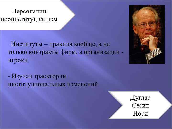 Персоналии неоинституциализм - Институты – правила вообще, а не только контракты фирм, а организации