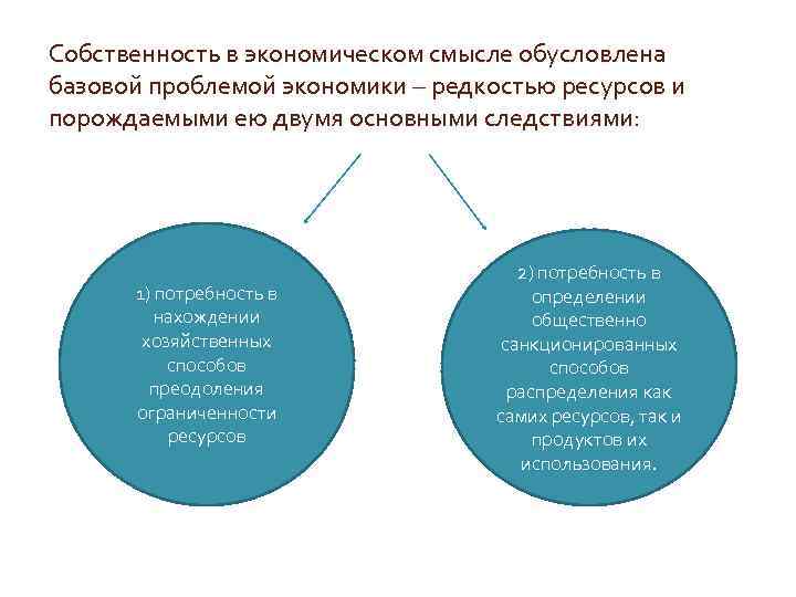 Собственность в экономическом смысле обусловлена базовой проблемой экономики – редкостью ресурсов и порождаемыми ею