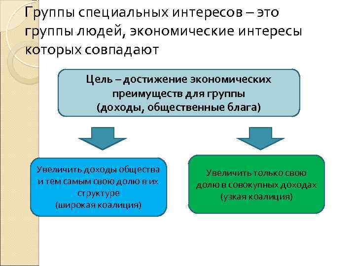 Группы специальных интересов – это группы людей, экономические интересы которых совпадают Цель – достижение