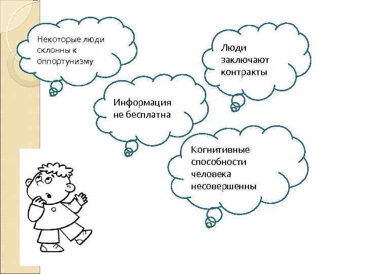 Некоторые люди склонны к оппортунизму Люди заключают контракты Информация не бесплатна Когнитивные способности человека