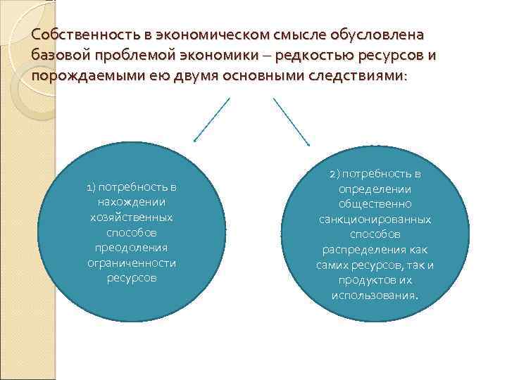 Собственность в экономическом смысле обусловлена базовой проблемой экономики – редкостью ресурсов и порождаемыми ею