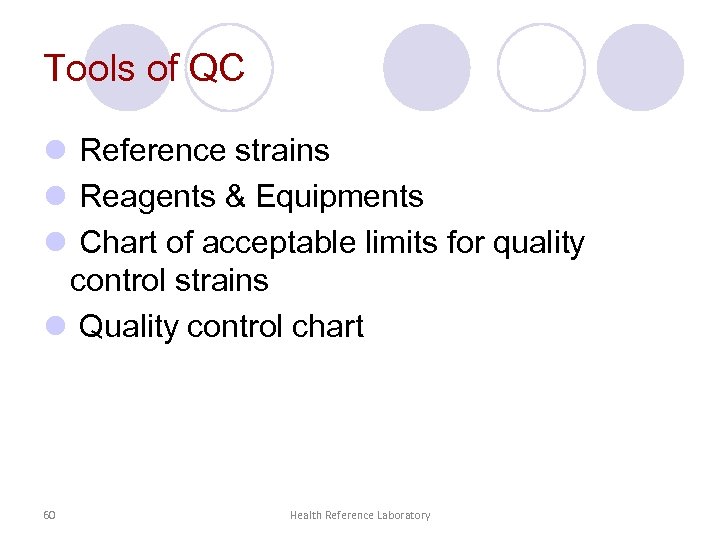 Tools of QC l Reference strains l Reagents & Equipments l Chart of acceptable