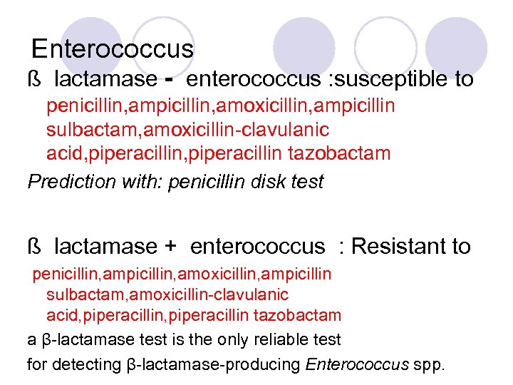 Enterococcus ß lactamase - enterococcus : susceptible to penicillin, ampicillin, amoxicillin, ampicillin sulbactam, amoxicillin-clavulanic