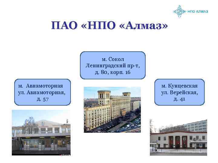 ПАО «НПО «Алмаз» м. Сокол Ленинградский пр-т, д. 80, корп. 16 м. Авиамоторная ул.