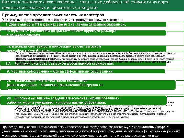 Пилотные технологические кластеры – повышение добавленной стоимости экспорта полезных ископаемых и производных продуктов Преимущества