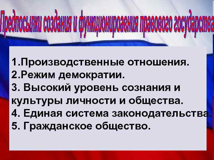 1. Производственные отношения. 2. Режим демократии. 3. Высокий уровень сознания и культуры личности и