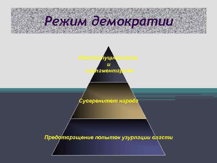 Режим демократии Конституционализм и парламентаризм Суверенитет народа Предотвращение попыток узурпации власти 