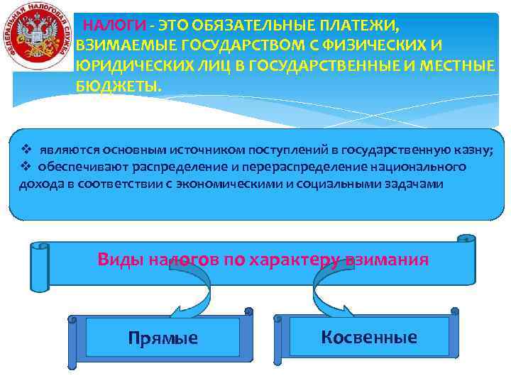 НАЛОГИ - ЭТО ОБЯЗАТЕЛЬНЫЕ ПЛАТЕЖИ, ВЗИМАЕМЫЕ ГОСУДАРСТВОМ С ФИЗИЧЕСКИХ И ЮРИДИЧЕСКИХ ЛИЦ В ГОСУДАРСТВЕННЫЕ