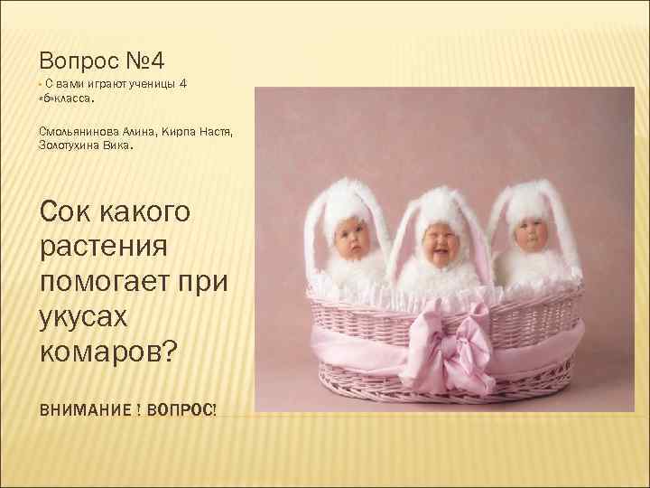 Вопрос № 4 С вами играют ученицы 4 «б» класса. • Смольянинова Алина, Кирпа