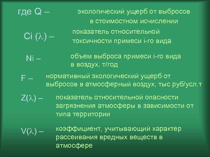 где Q – Ci ( ) – Ni – F– экологический ущерб от выбросов