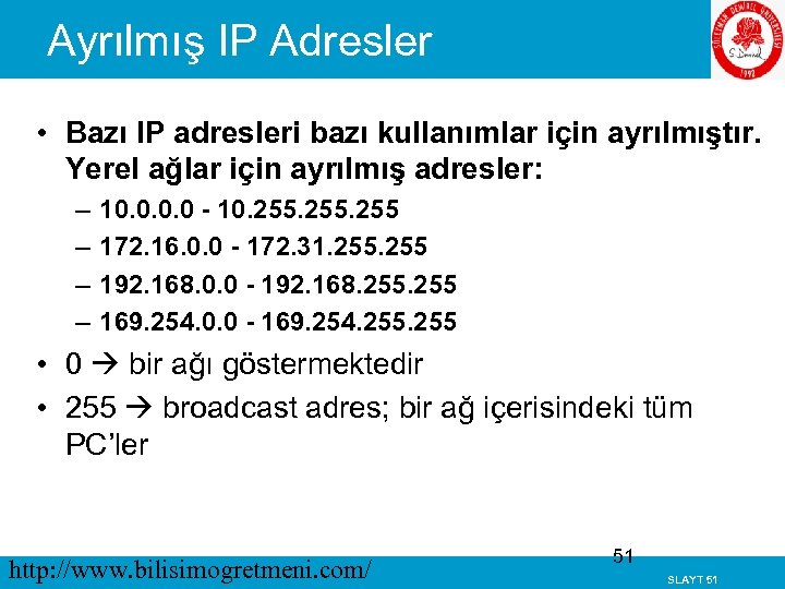 Ayrılmış IP Adresler • Bazı IP adresleri bazı kullanımlar için ayrılmıştır. Yerel ağlar için
