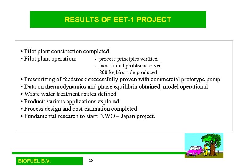 RESULTS OF EET-1 PROJECT • Pilot plant construction completed • Pilot plant operation: -